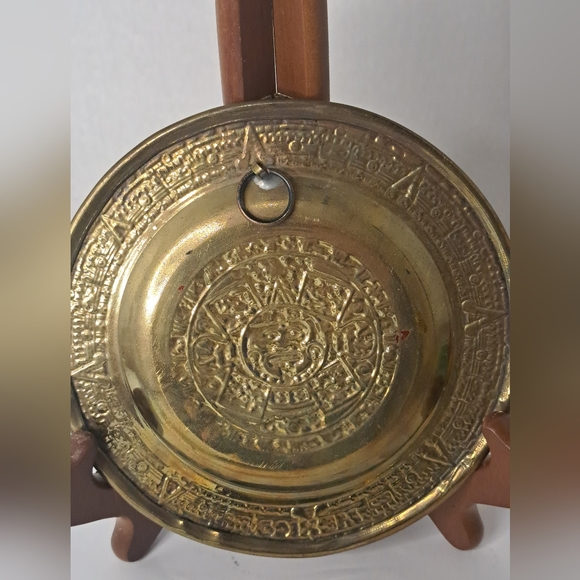 Vintage Mexico Tribal Hand Painted Embossed Brass Plate Plaque Souvenir - Picture 3 of 7